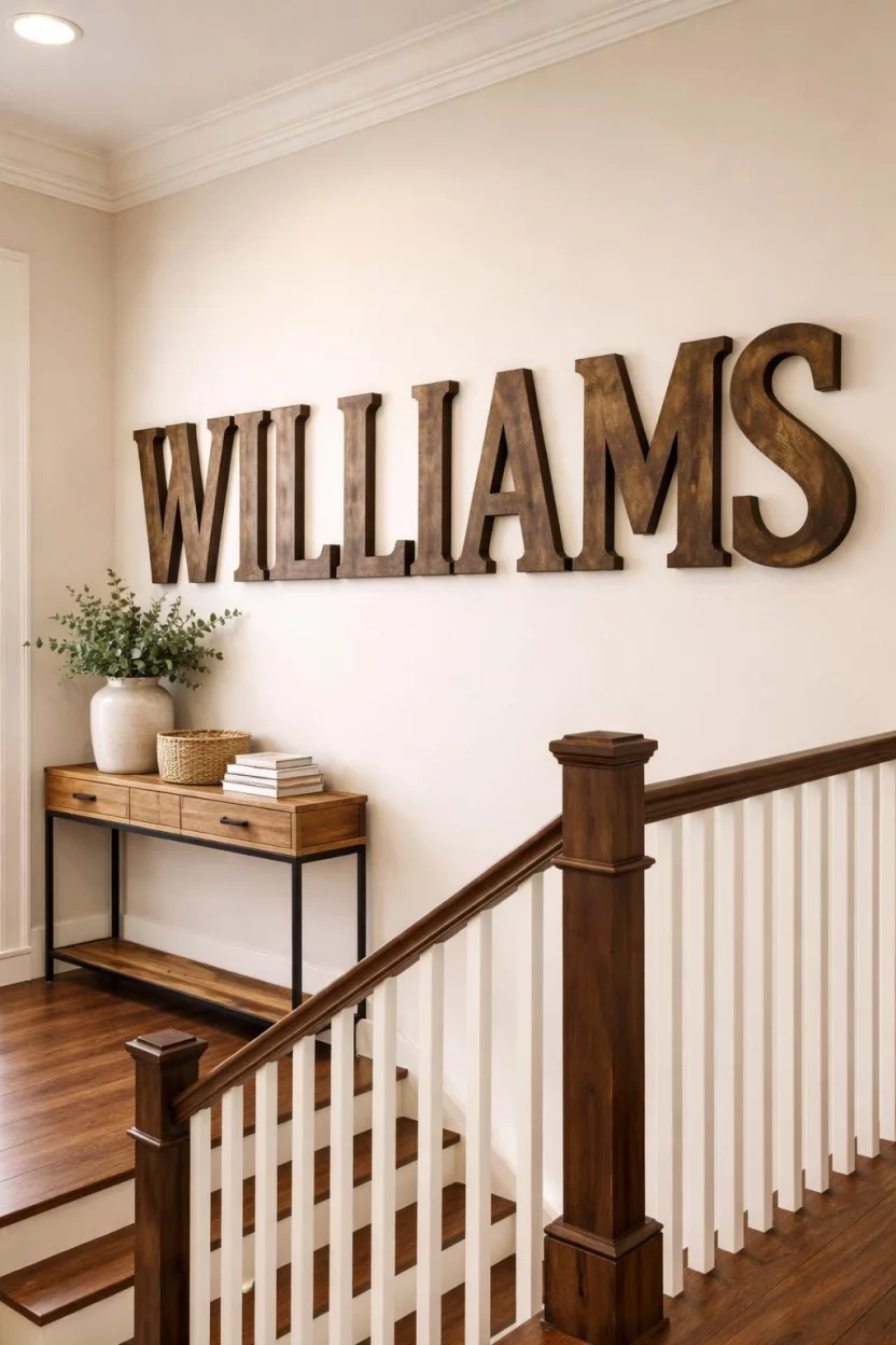 A realistic photo of a staircase landing featuring large oversized wooden letters spelling a family name in a rustic dark brown finish against a creamy wall.