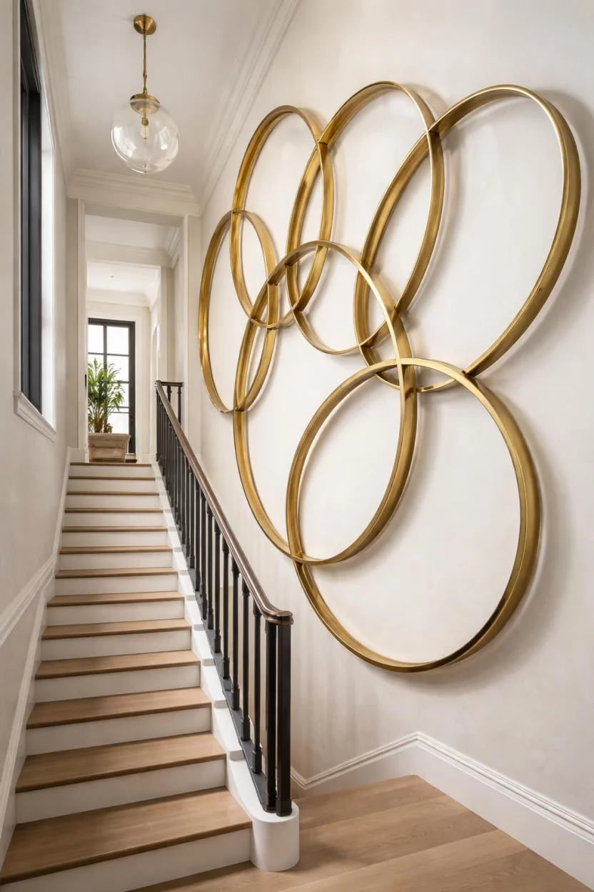 A realistic photo of a staircase wall featuring a large interconnected gold metal ring sculpture that spans across two floors.