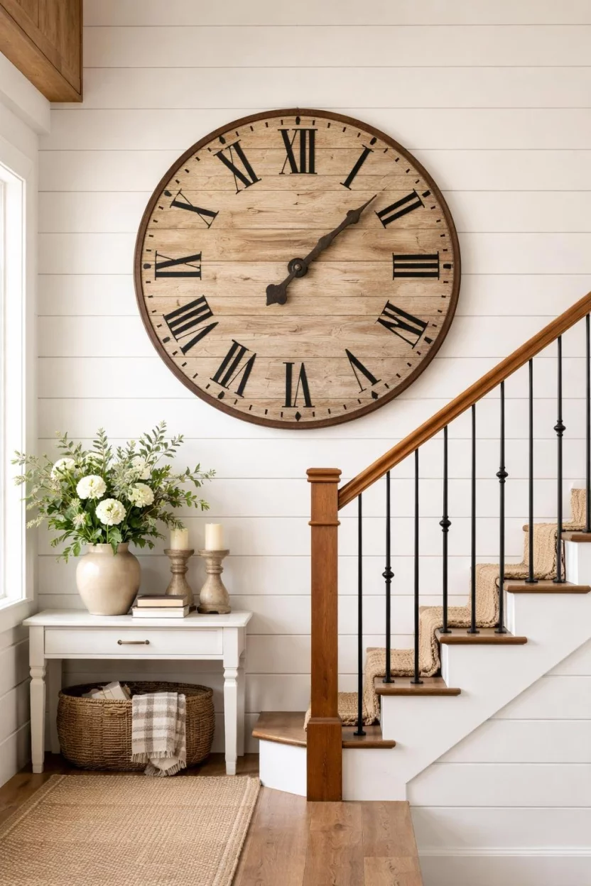 A realistic photo of a farmhouse style staircase wall featuring a massive round wooden wall clock with black roman numerals and rusted metal hands.