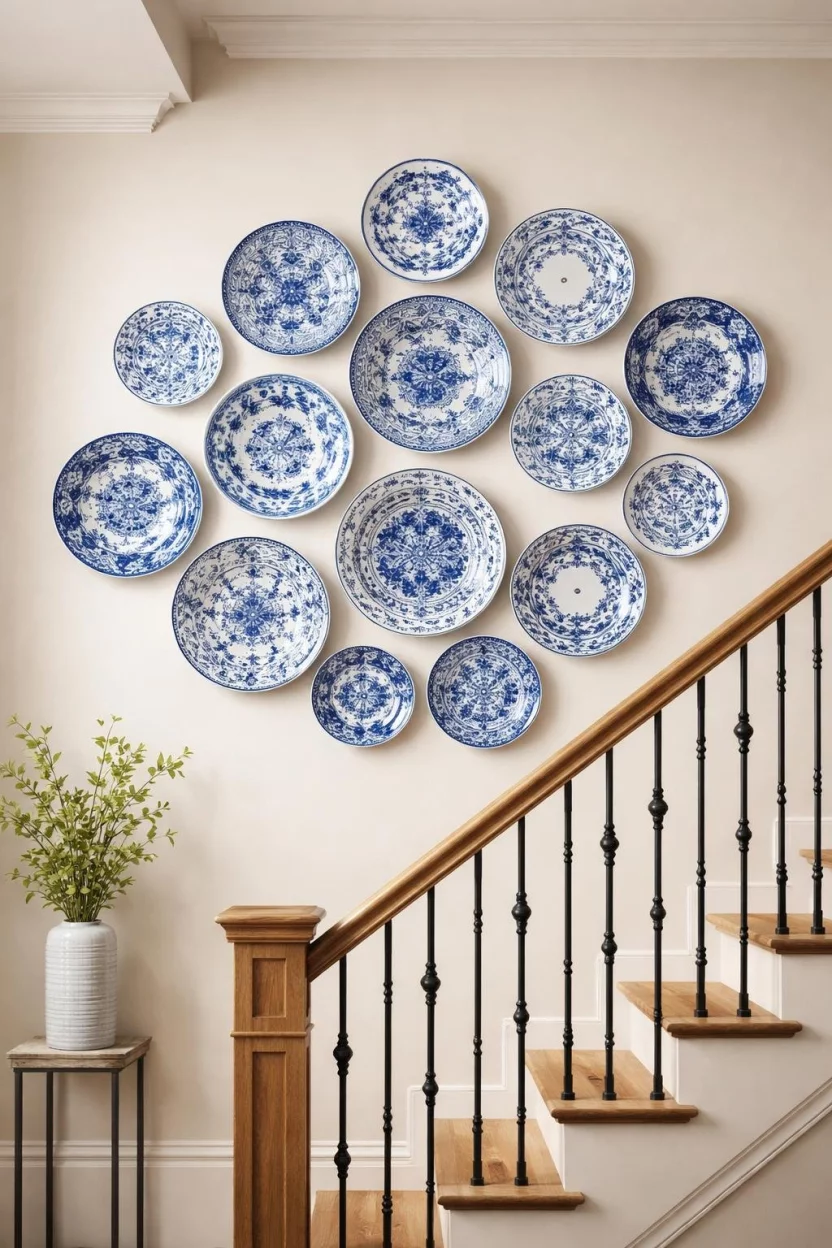 A realistic photo of a staircase wall featuring a cluster of hand painted ceramic plates in mismatched blue and white patterns.