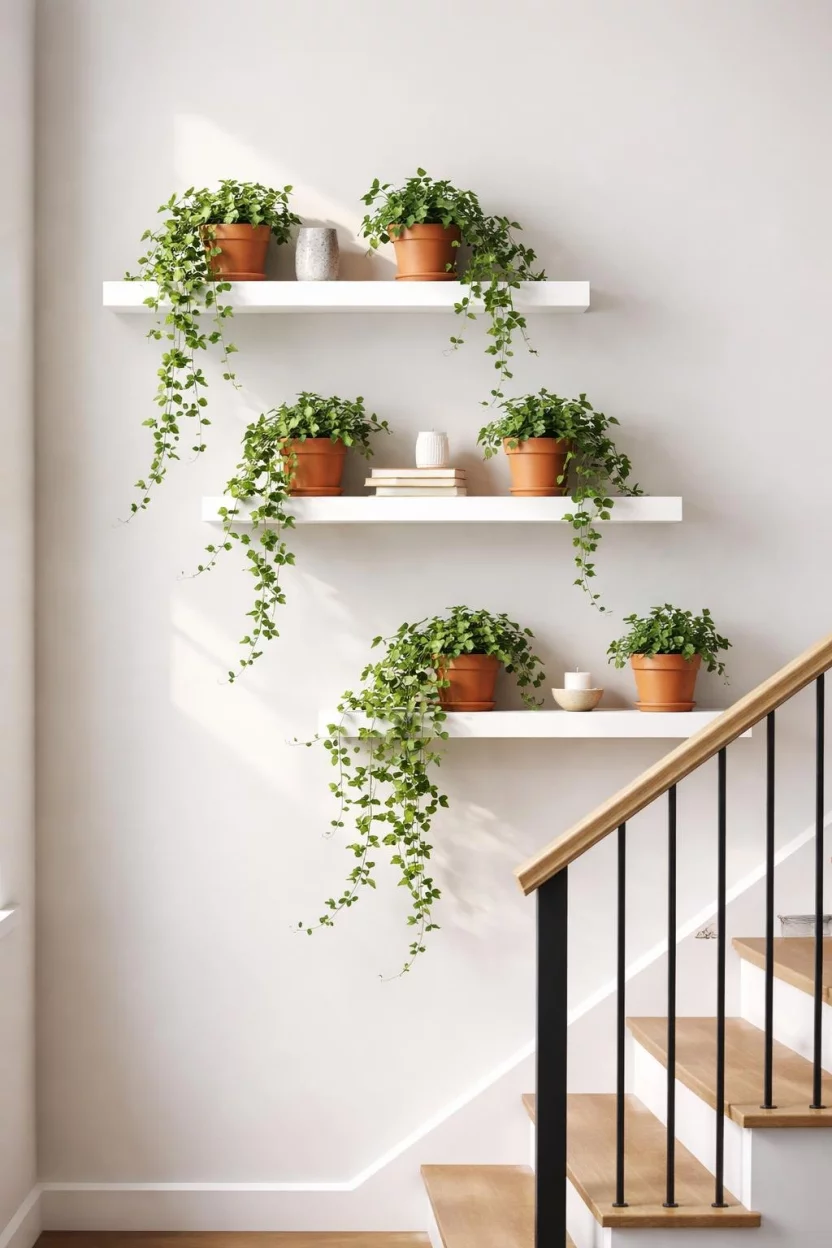 A realistic photo of a modern staircase wall with white floating shelves holding trailing green ivy plants and small terracotta pots against a light gray wall with natural sunlight.