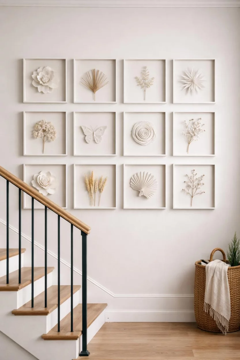 A realistic photo of a clean staircase wall with white shadow box frames containing 3D white paper sculptures and dried botanical specimens arranged in a grid.