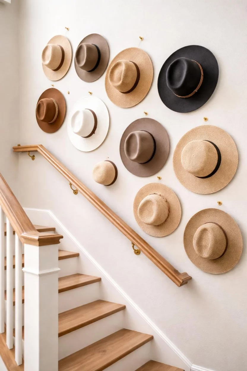A realistic photo of a staircase wall decorated with a collection of stylish wide brim felt hats and straw sun hats hanging on small brass hooks.
