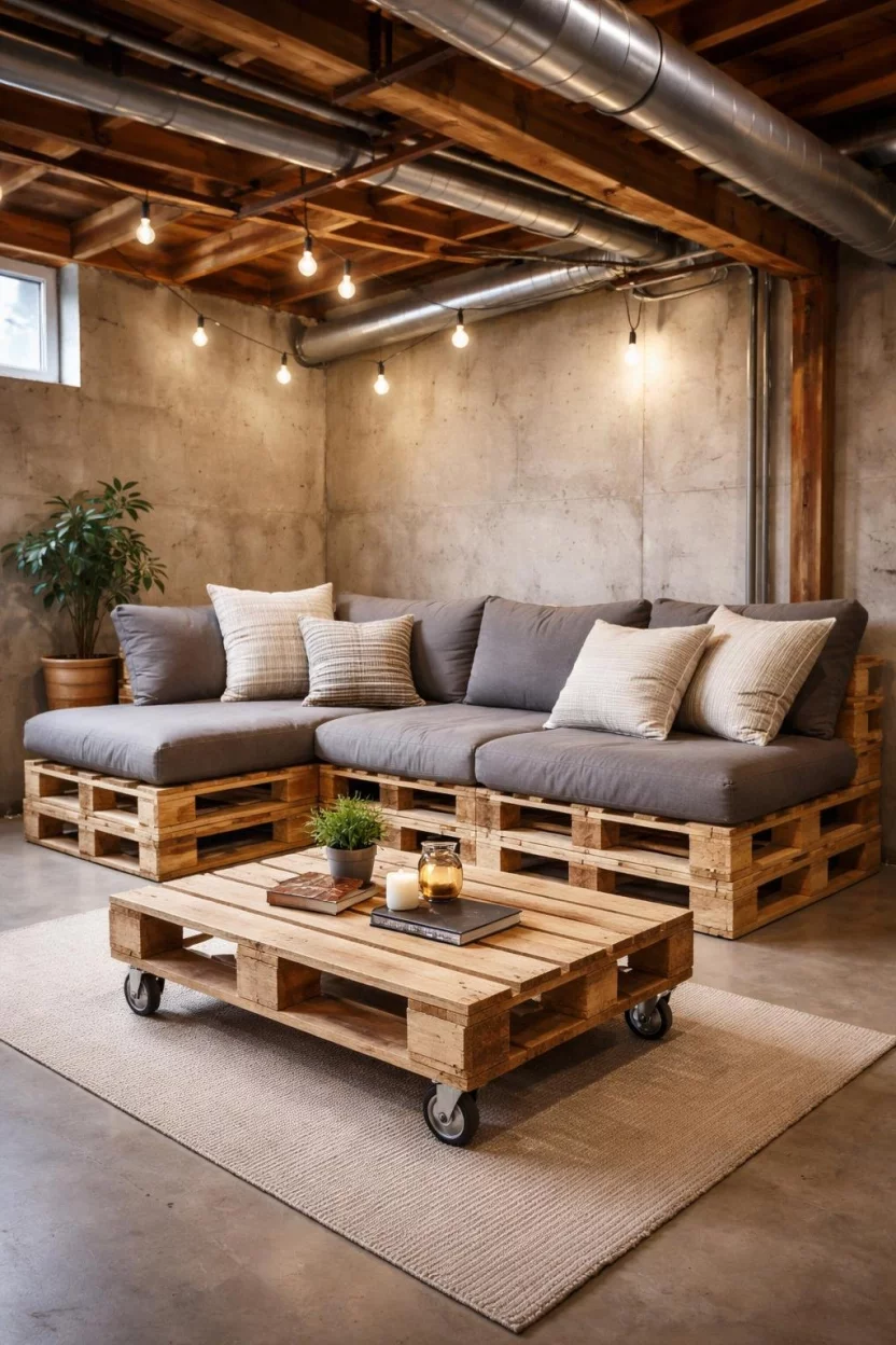 A realistic photo of an unfinished basement lounge with a sofa made from stacked wooden pallets with grey cushions, and a coffee table made from a single pallet on wheels.