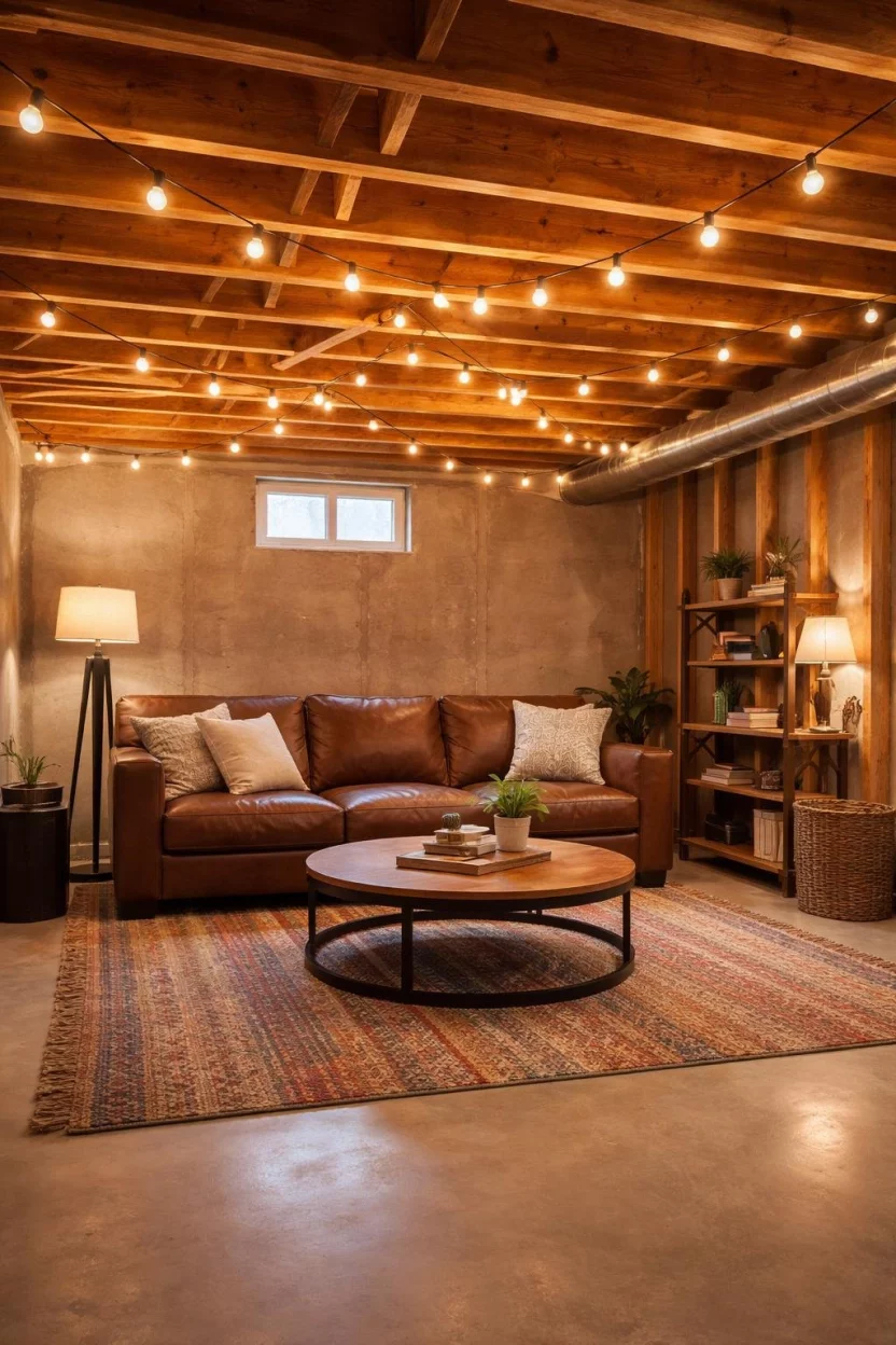 A realistic photo of an unfinished basement lounge with warm yellow globe string lights draped across wooden ceiling joists, a brown leather sofa, and a round wooden coffee table on a colorful woven rug.