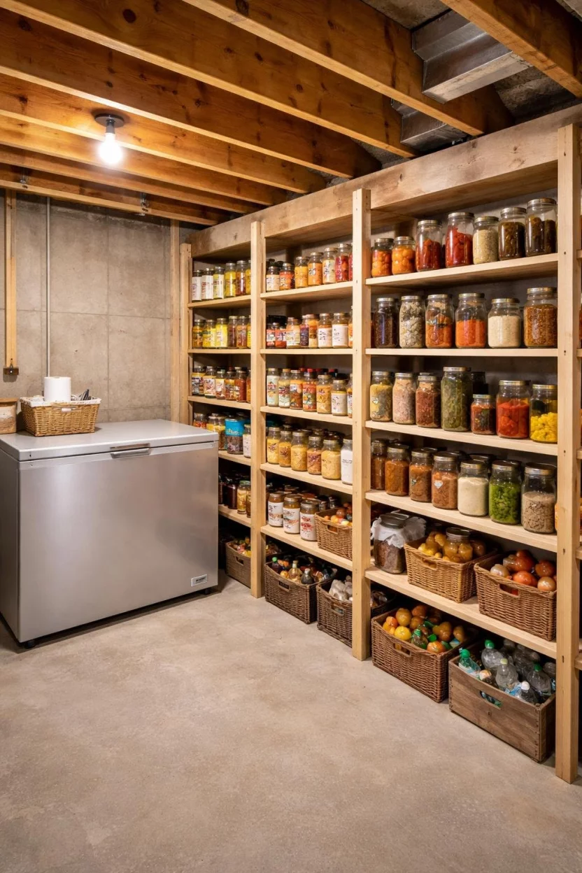 A realistic photo of an unfinished basement pantry with tall wooden shelves stocked with glass mason jars, canned goods, and a large silver chest freezer.