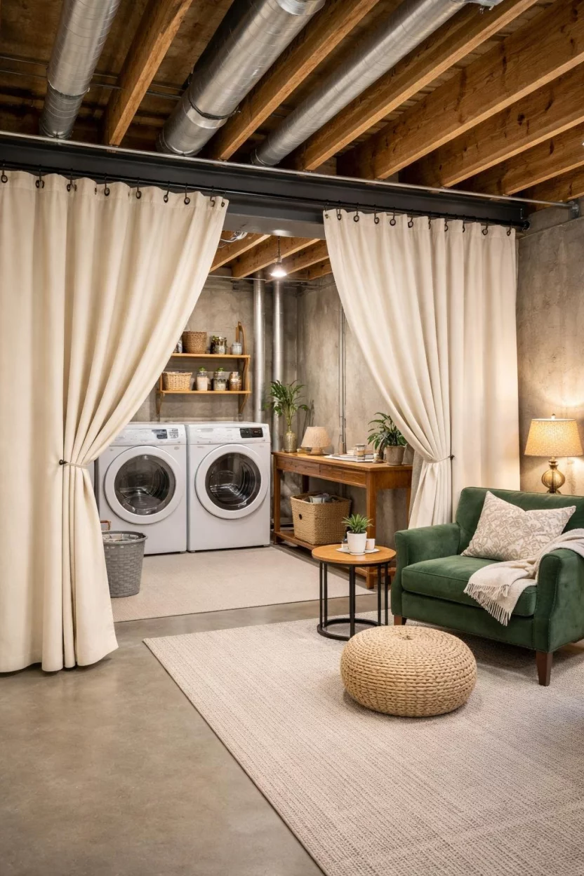 A realistic photo of an unfinished basement divided by thick cream colored canvas curtains on a black metal rod, separating a laundry area from a cozy seating nook with a green velvet armchair.