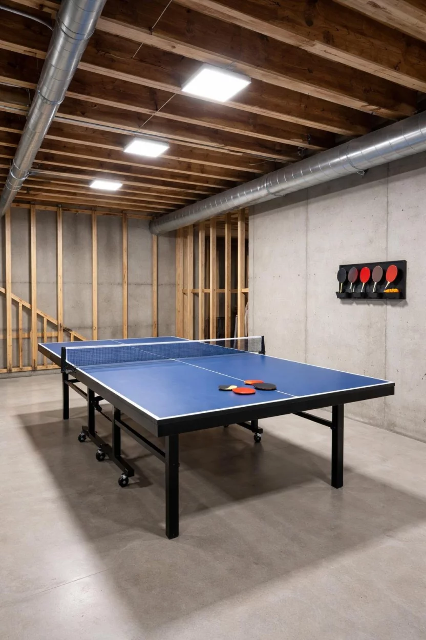 A realistic photo of an unfinished basement with a blue ping pong table in the center, a black rack for paddles on the wall, and bright overhead led panel lights.