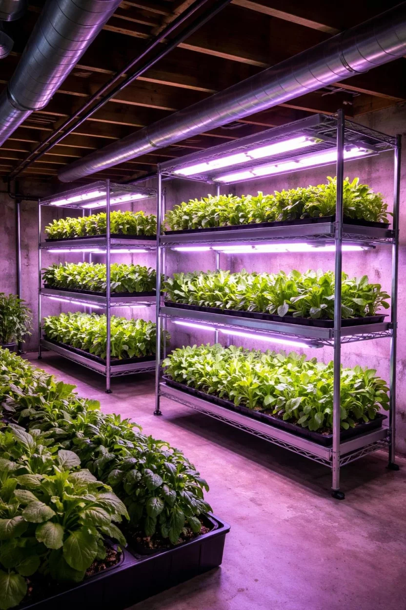 A realistic photo of an unfinished basement garden with vibrant green leafy plants on silver metal racks, glowing under purple and pink led grow lights.