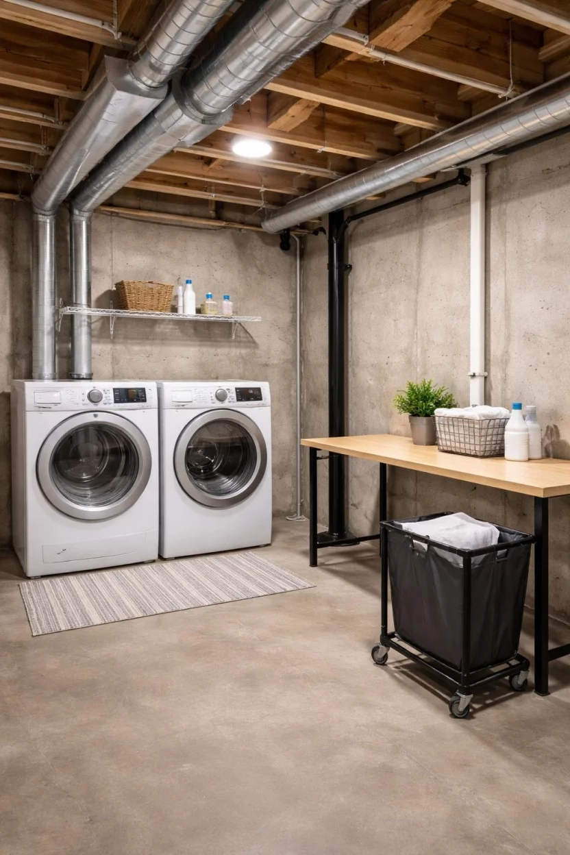 A realistic photo of an unfinished basement laundry area with a white washer and dryer, a long wooden folding table, and a black wheeled laundry hamper.