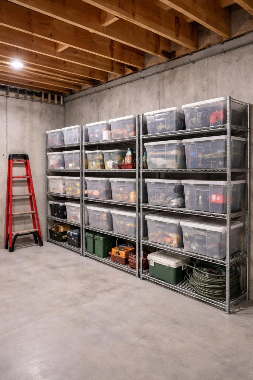 A realistic photo of an unfinished basement wall with tall silver metal shelving units filled with clear plastic storage bins, and a red step ladder leaning against the corner.