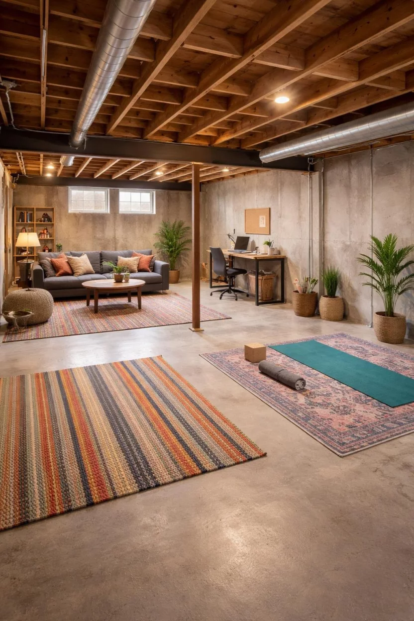 A realistic photo of an unfinished basement with multiple colorful woven rugs defining a seating area, a desk area, and a yoga space on a grey concrete floor.