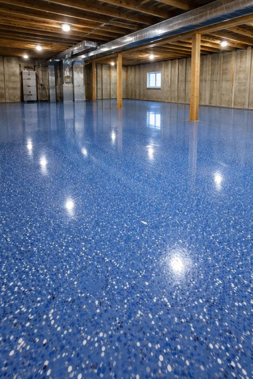 A realistic photo of an unfinished basement floor with a shiny blue epoxy coating, featuring small white and grey decorative flakes, reflecting the bright overhead utility lights.