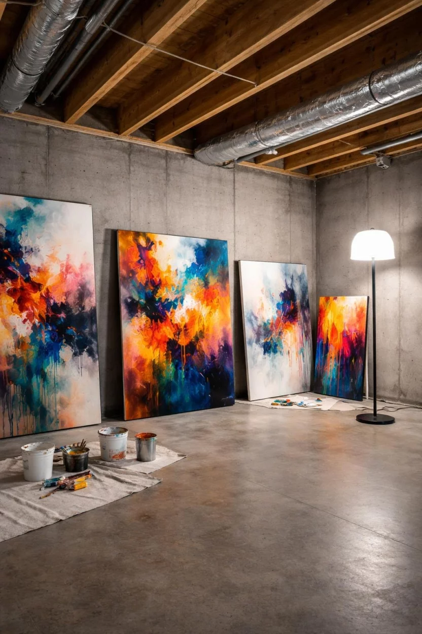 A realistic photo of an unfinished basement with large colorful abstract paintings leaning against the concrete walls, and a black floor lamp with a bright white shade.