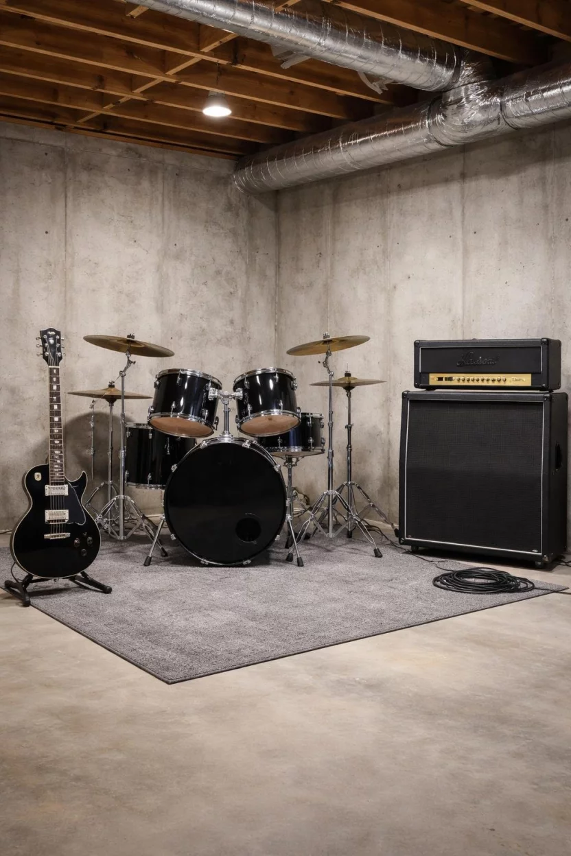 A realistic photo of an unfinished basement music studio with a black drum set, a black electric guitar on a stand, and a large black amplifier against a concrete wall.
