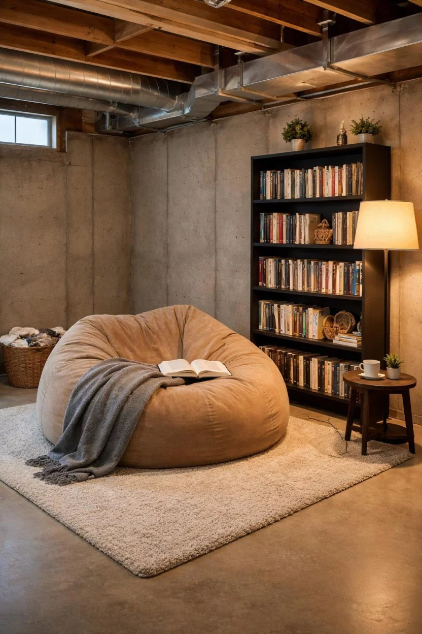 A realistic photo of an unfinished basement reading nook with a large tan bean bag chair, a tall black bookshelf filled with books, and a warm yellow floor lamp.