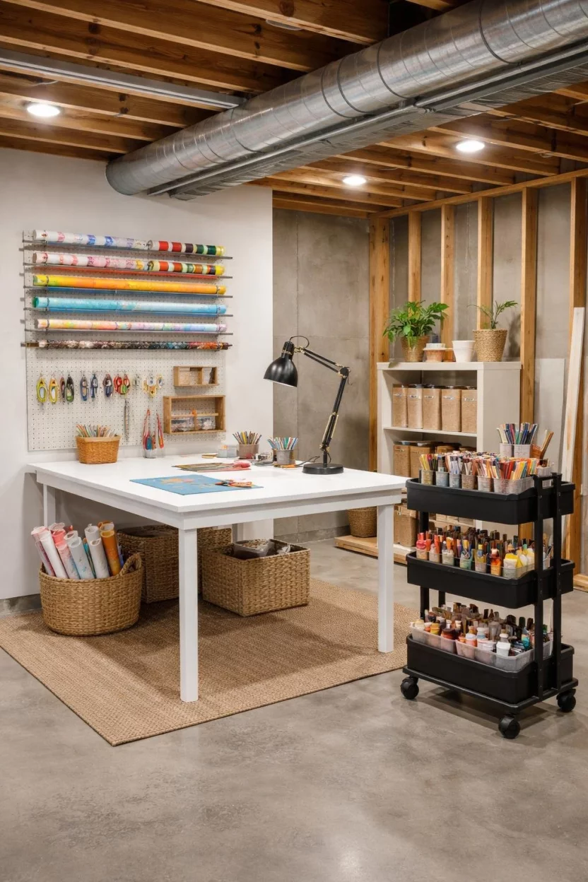 A realistic photo of an unfinished basement craft area with a white table, a wall mounted rack holding rolls of colorful wrapping paper, and a black rolling cart filled with art supplies.