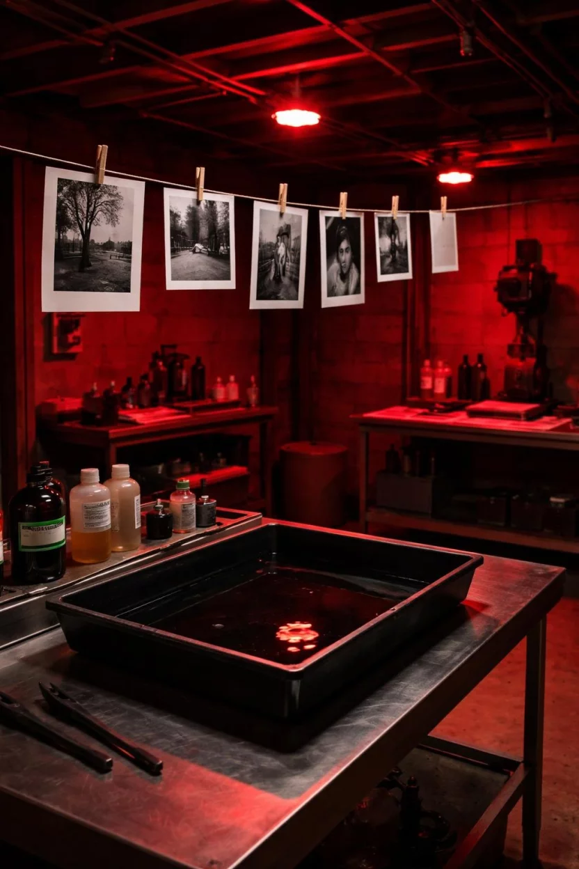 A realistic photo of an unfinished basement darkroom with red safety lights, a black developer tray set on a stainless steel table, and black and white photos hanging on a wire with clips.