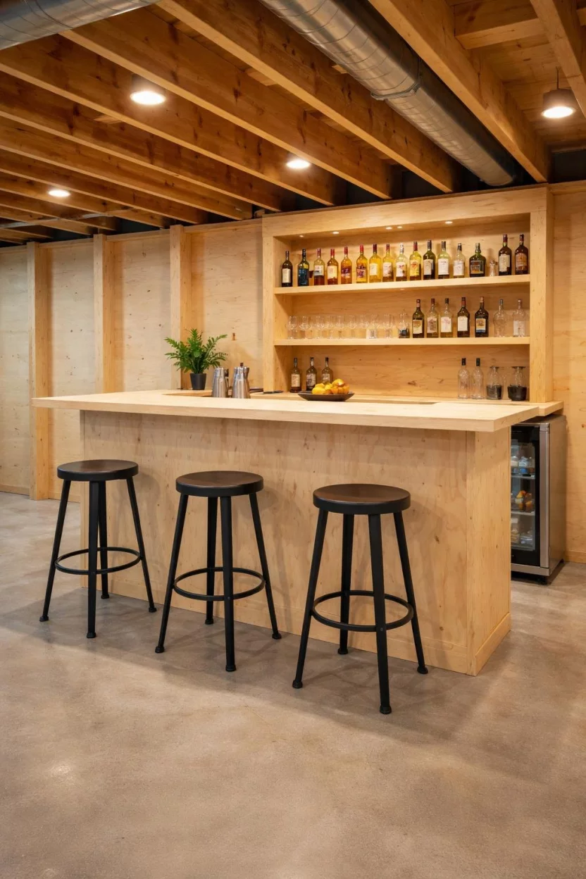 A realistic photo of an unfinished basement bar made from light colored plywood, featuring three tall black metal bar stools and several glass bottles displayed on a wooden shelf behind it.