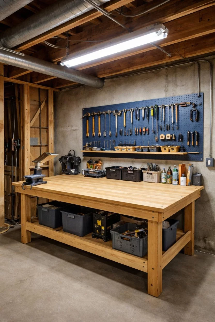 A realistic photo of an unfinished basement workshop with a large wooden workbench, a blue metal pegboard mounted on the wall with various hand tools, and a bright LED shop light hanging from the ceiling.