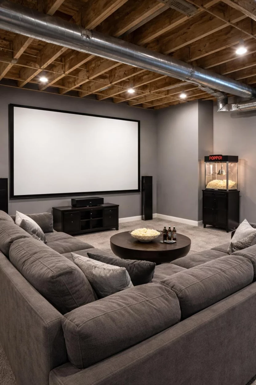 A realistic photo of an unfinished basement home theater with a large white projector screen on a grey wall, a grey sectional sofa, and a black popcorn machine on a small stand.