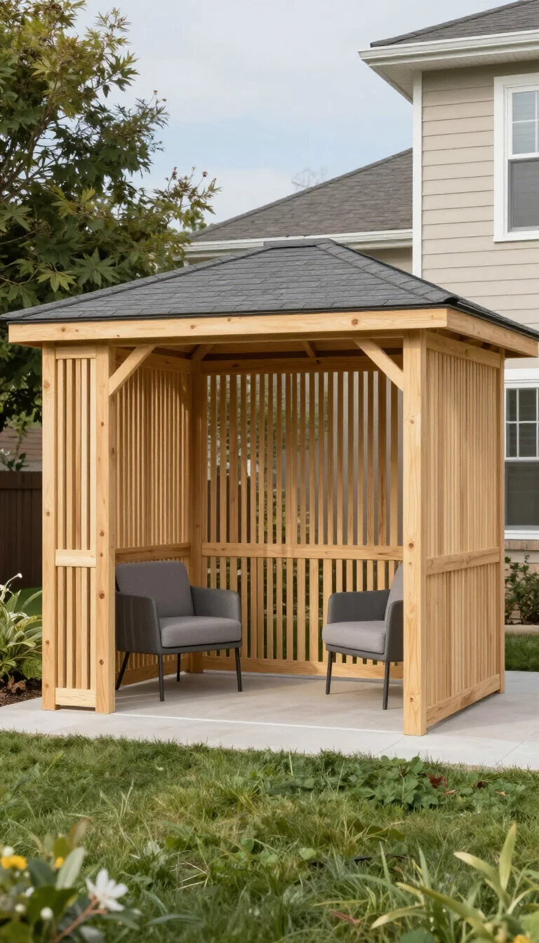 A realistic photo of a typical American home's backyard featuring a simple rectangular gazebo made of light pine wood, vertical slats for one wall, a flat grey roof, and two modern grey armchairs inside.