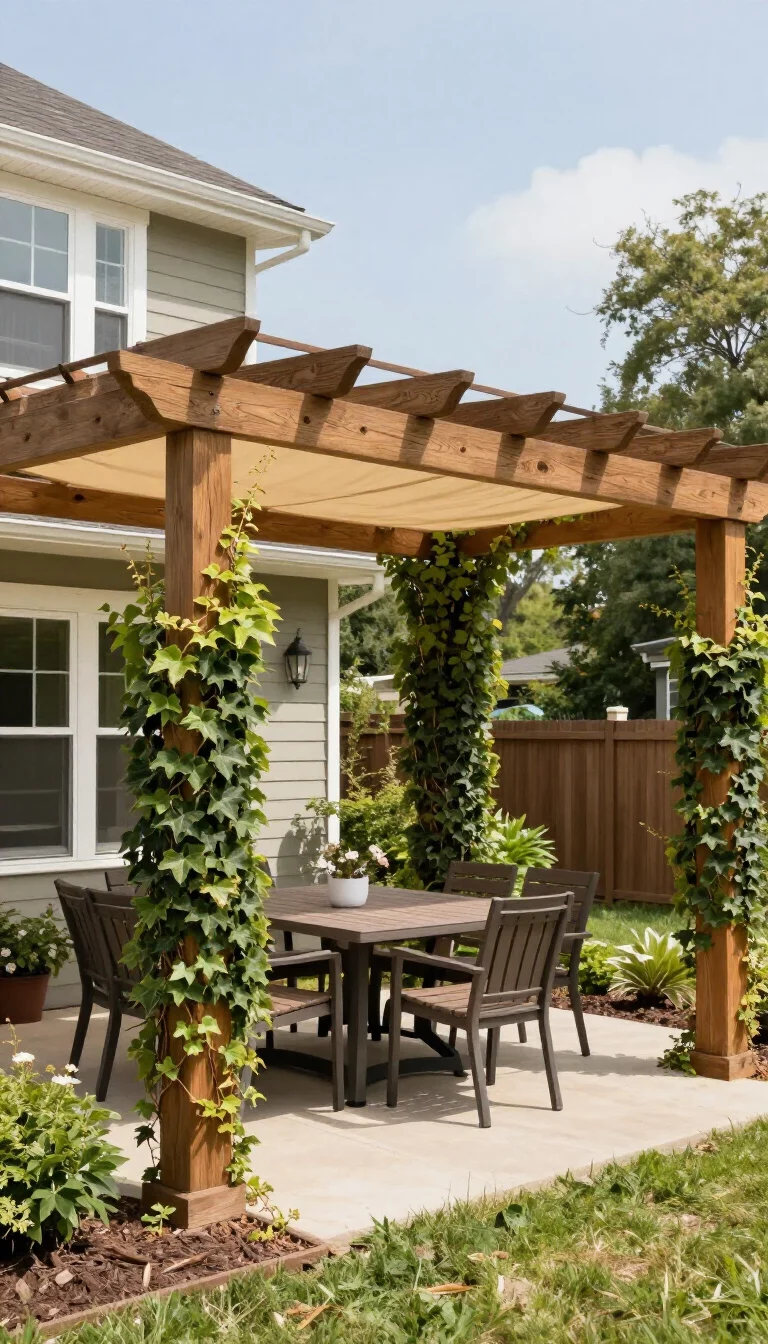 A realistic photo of a typical American home's backyard displaying a sturdy wooden pergola with a beige fabric canopy partially retracted, a large dining table underneath, and climbing ivy growing up the thick square columns during a bright day.