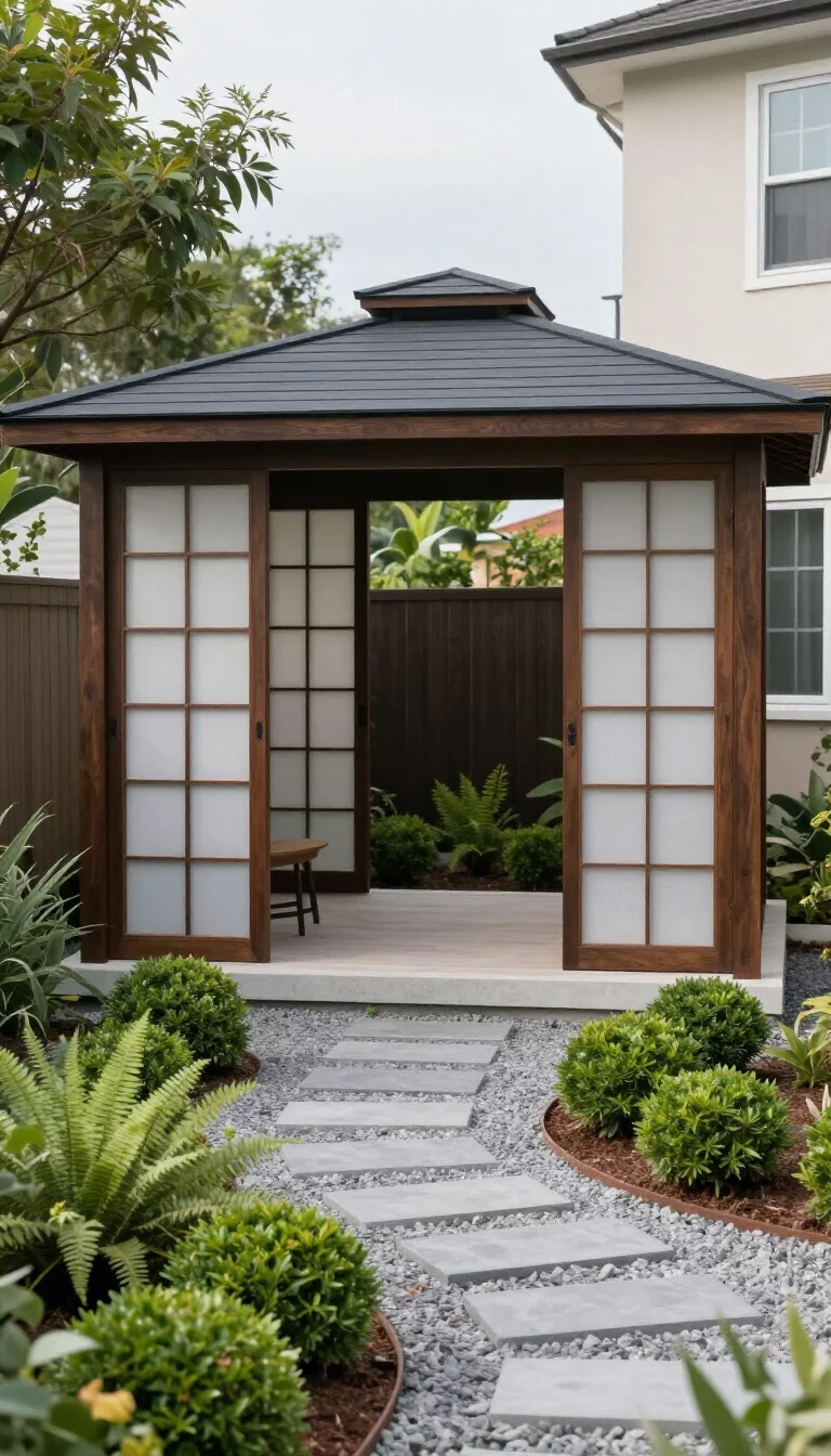 A realistic photo of a typical American home's backyard containing a minimalist Zen gazebo with dark wood frames, translucent sliding panels, a low-profile black roof, and a small gravel path surrounded by neatly trimmed green shrubs and ferns.