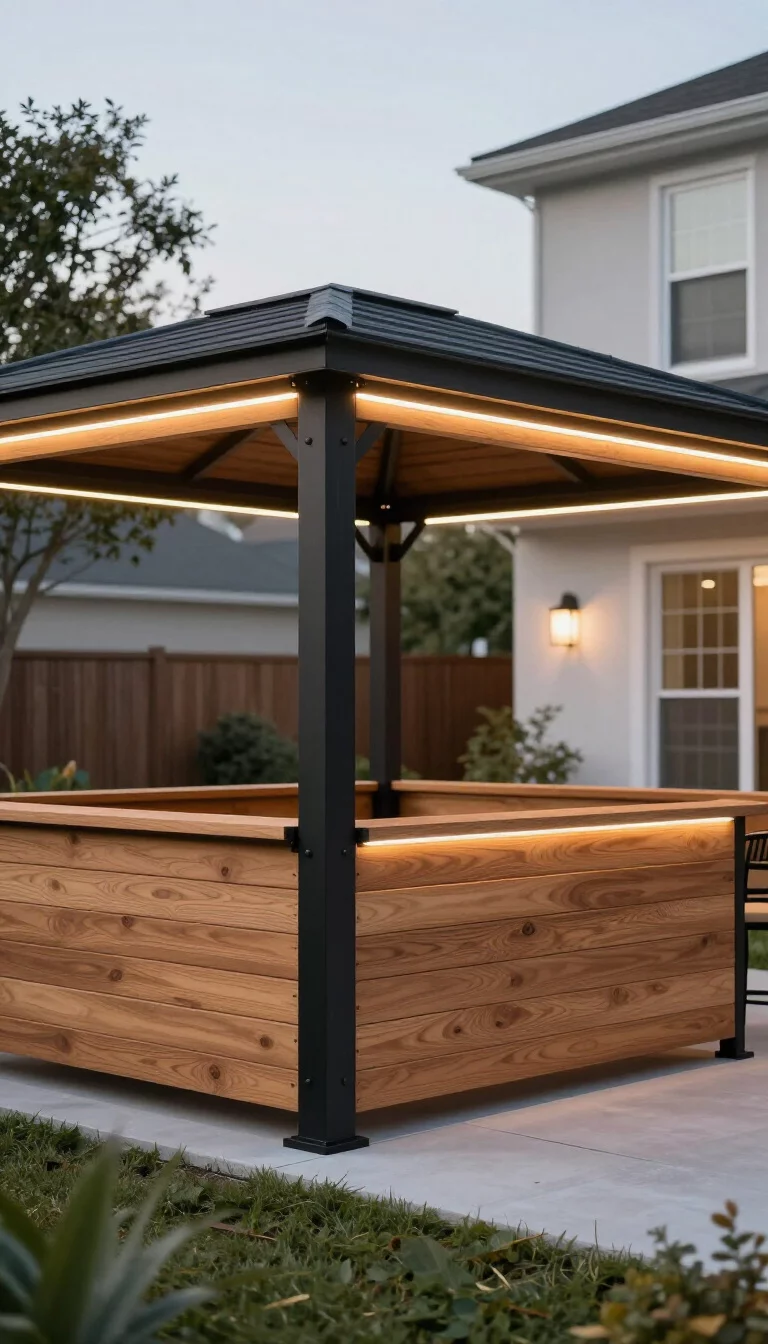 A realistic photo of a typical American home's backyard showcasing a contemporary gazebo with horizontal teak slats, matte black steel corner brackets, a flat roofline, and integrated LED strip lighting that creates a sleek and sophisticated evening ambiance.