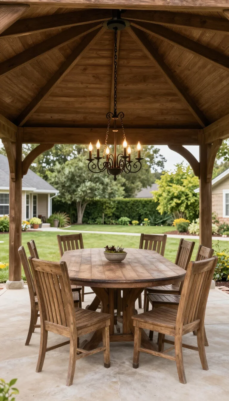 A realistic photo of a typical American home's backyard showcasing a rectangular wooden gazebo with a long farmhouse dining table, ten matching chairs, and a large wrought iron chandelier hanging from the center of the vaulted ceiling.