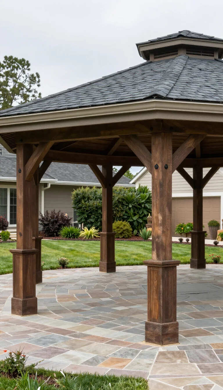 A realistic photo of a typical American home's backyard showcasing a massive gazebo with thick square timber posts, decorative black iron bolts, a dark slate roof, and a floor made of flagstone pavers.