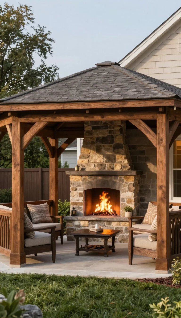 A realistic photo of a typical American home's backyard featuring a heavy timber gazebo with one solid wall made of stone that includes a built-in outdoor fireplace with a flickering orange flame and cozy seating.