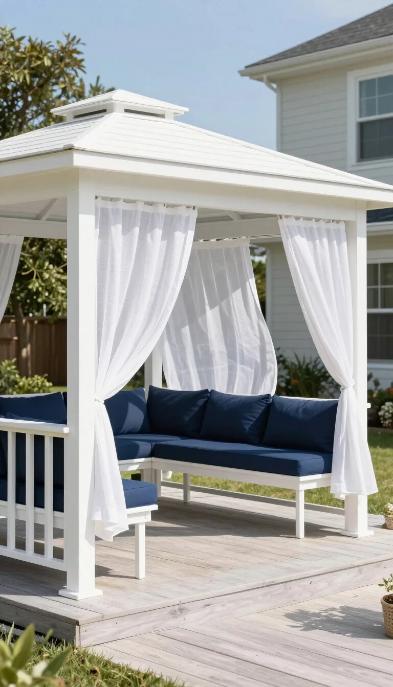 A realistic photo of a typical American home's backyard featuring a bright white wooden gazebo, navy blue outdoor cushions, sheer white linen curtains blowing in the wind, and a clean wooden deck that creates a refreshing seaside atmosphere.