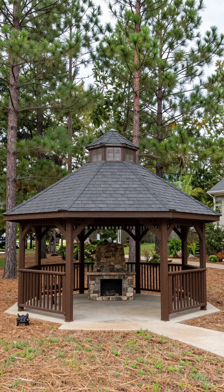 A realistic photo of a typical American home's backyard containing a tall wooden gazebo with a steep A-frame roof covered in dark shingles, open sides, a small stone hearth, and surrounded by tall pine trees and natural mulch.