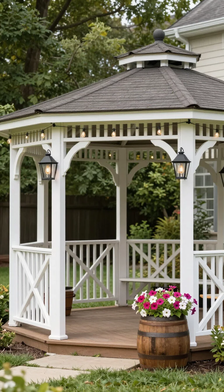 A realistic photo of a typical American home's backyard showcasing a simple white-washed wooden gazebo, criss-cross railings, hanging black metal lanterns, Edison bulb string lights draped along the roof, and wooden barrels filled with petunias at the entrance.