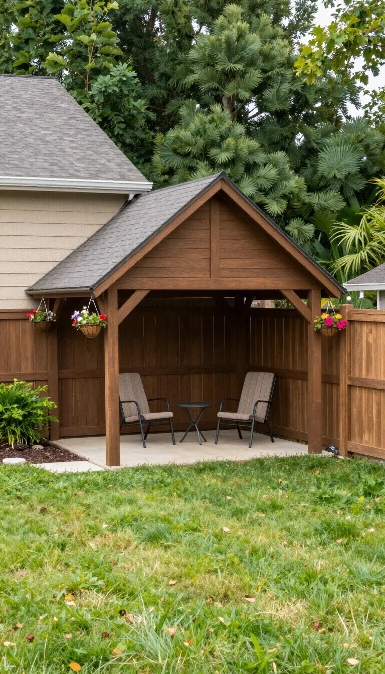 A realistic photo of a typical American home's backyard containing a small triangular wooden gazebo tucked into a fenced corner, a single comfortable chair, a tiny side table, and a few hanging flower baskets in a limited lawn space.