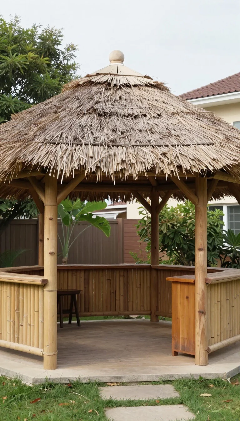 A realistic photo of a typical American home's backyard showcasing a wooden gazebo with a thick thatched grass roof, bamboo wrapped around the supporting pillars, and a small wooden bar counter integrated into one side.