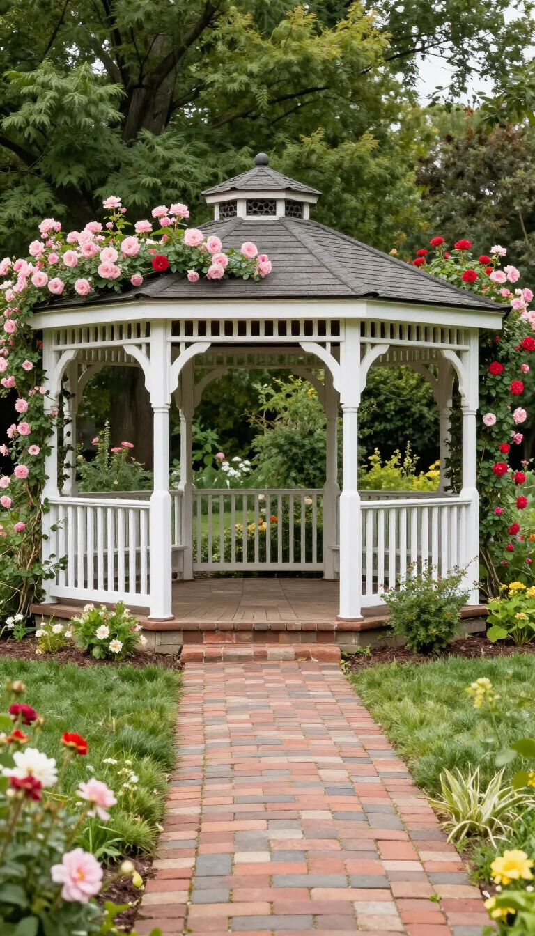 A realistic photo of a typical American home's backyard featuring a classic eight-sided wooden gazebo, white lattice railings, pink and red climbing roses covering the roof edges, and a winding brick path leading through a lush flower garden.