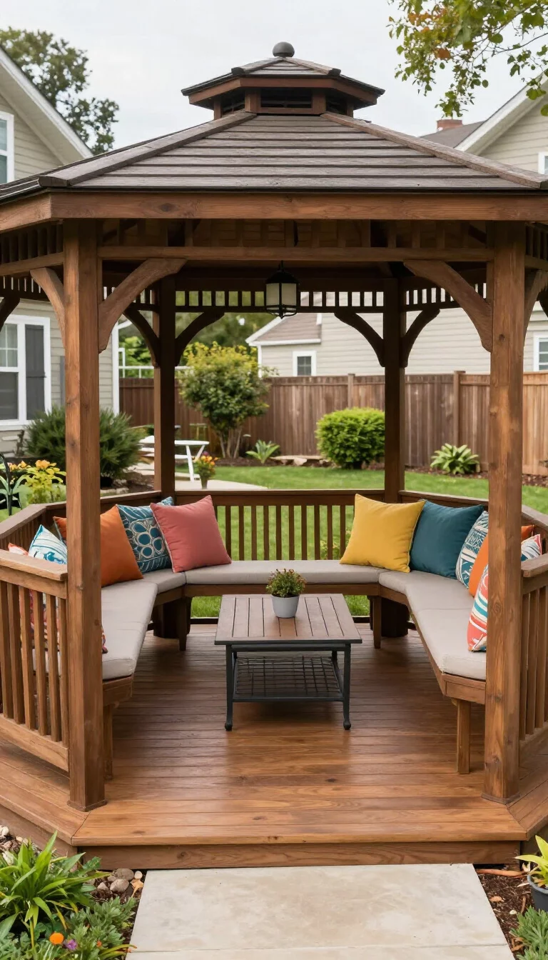 A realistic photo of a typical American home's backyard featuring a hexagonal wooden gazebo with integrated wrap-around benches, colorful outdoor pillows, a center coffee table, and a polished wood floor that invites people to sit and stay.