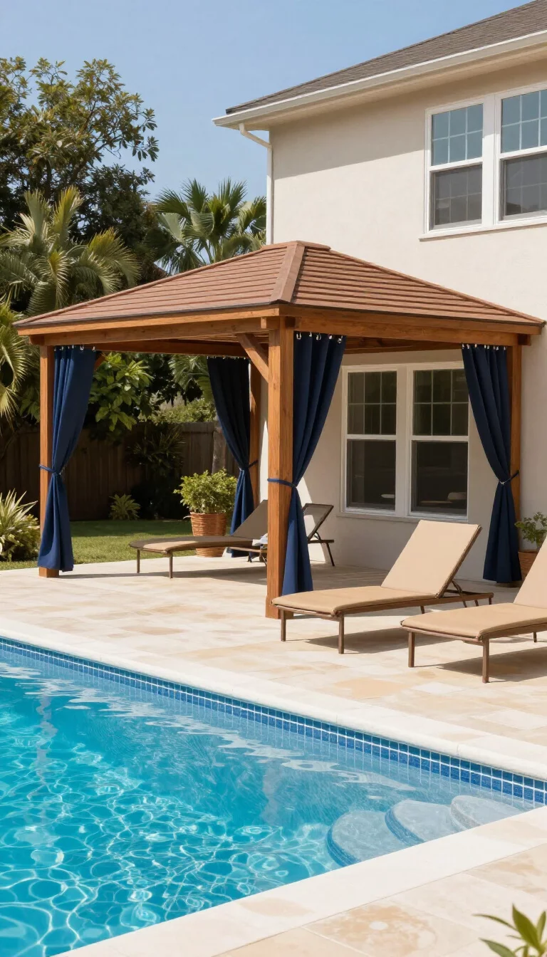 A realistic photo of a typical American home's backyard featuring a low-profile teak wood gazebo next to a sparkling blue swimming pool, navy blue drapes tied to the posts, and two tan sun loungers situated on the deck.