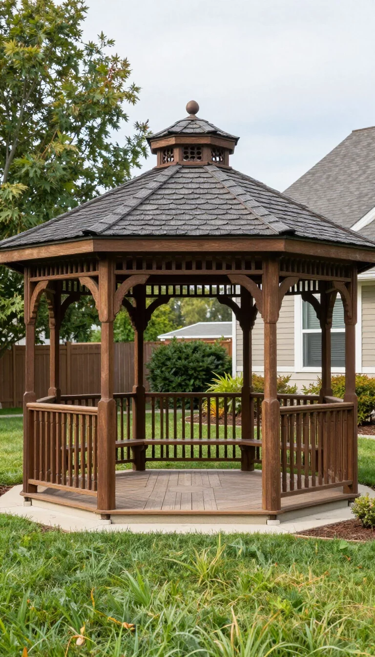A realistic photo of a typical American home's backyard showing an intricate wooden gazebo with scalloped shingles, decorative spindle railings, carved brackets, and a finial on the peak of the roof surrounded by a manicured lawn.