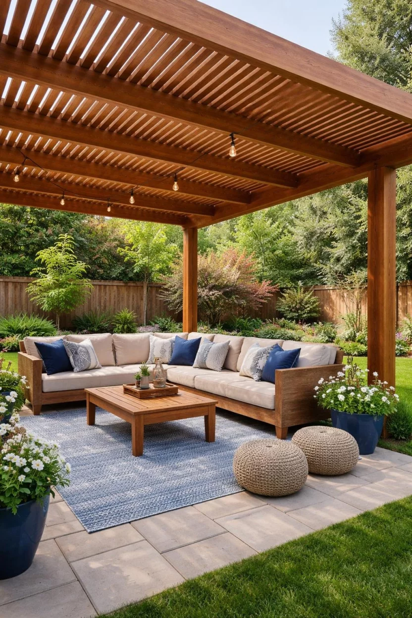 A realistic photo of a typical American home's backyard showing a teak wood pergola with a ceiling made of very tight horizontal slats, creating a solid but ventilated roof over a plush outdoor sofa and rug.