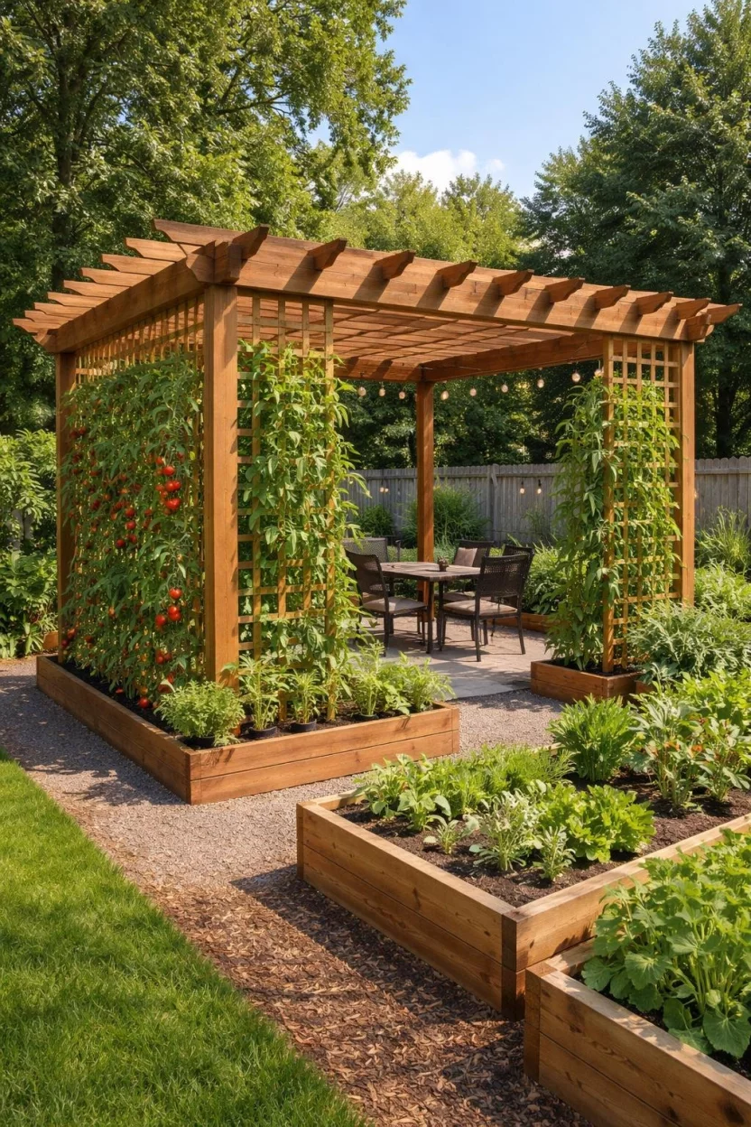 A realistic photo of a typical American home's backyard featuring a wooden pergola with lattice sides used for vertical gardening, with tomato plants and green beans climbing the frame next to raised garden beds.