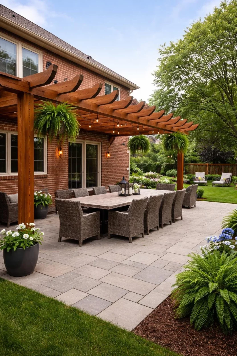 A realistic photo of a typical American home's backyard where a wooden pergola extends directly from the brick house wall over a large paved patio, featuring matching wood trim, hanging ferns, and a long outdoor dining table.