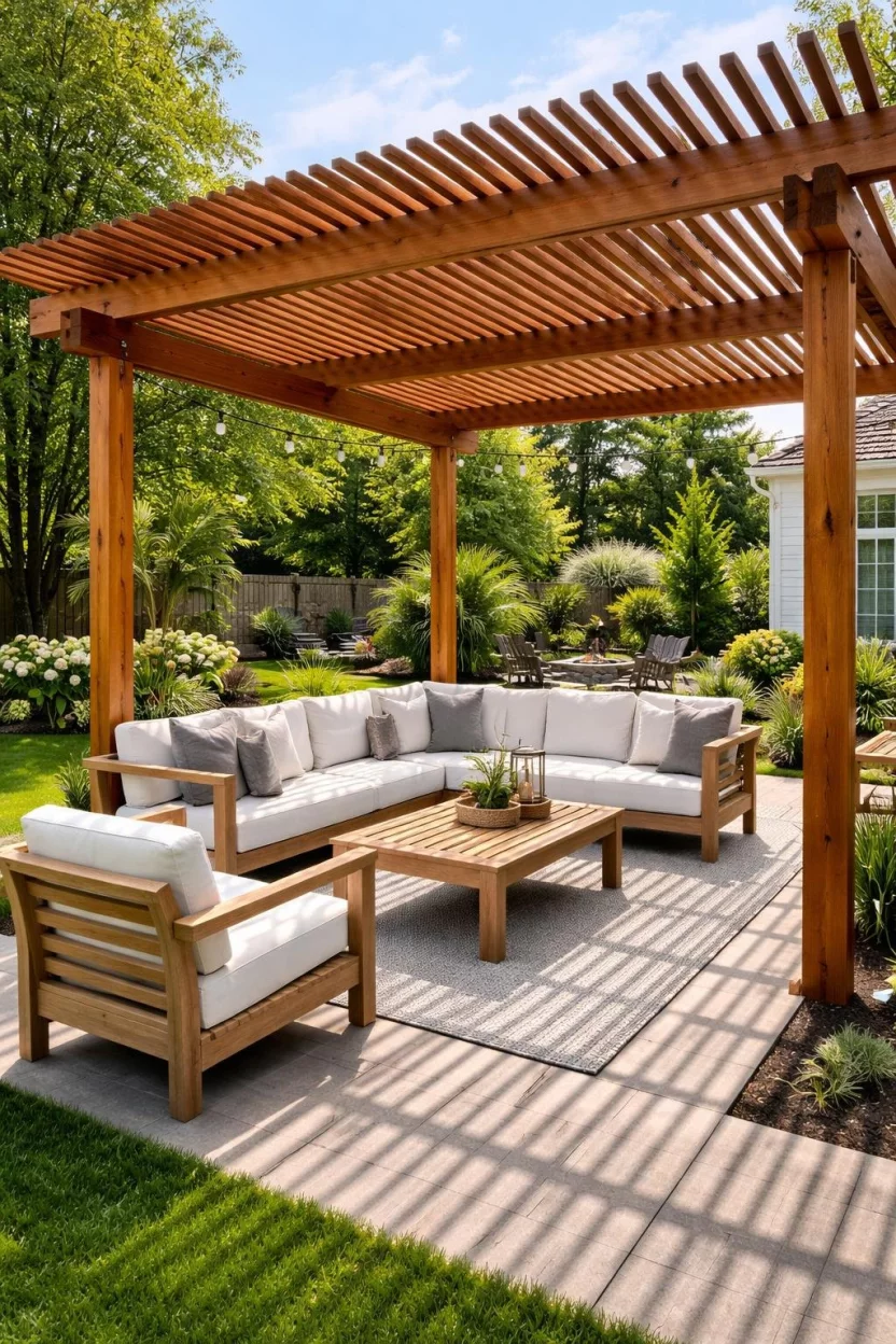 A realistic photo of a typical American home's backyard with a cedar pergola featuring a roof made of thin closely spaced wooden slats that cast linear shadows over a modern outdoor lounge set with white cushions.