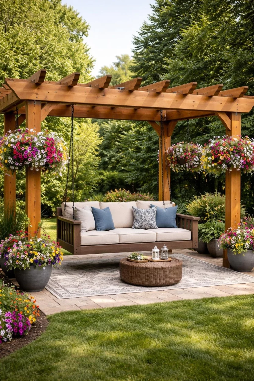 A realistic photo of a typical American home's backyard showing a thick hemlock wood pergola with a large cushioned porch swing hanging from the center beam by heavy black chains, surrounded by hanging flower baskets.