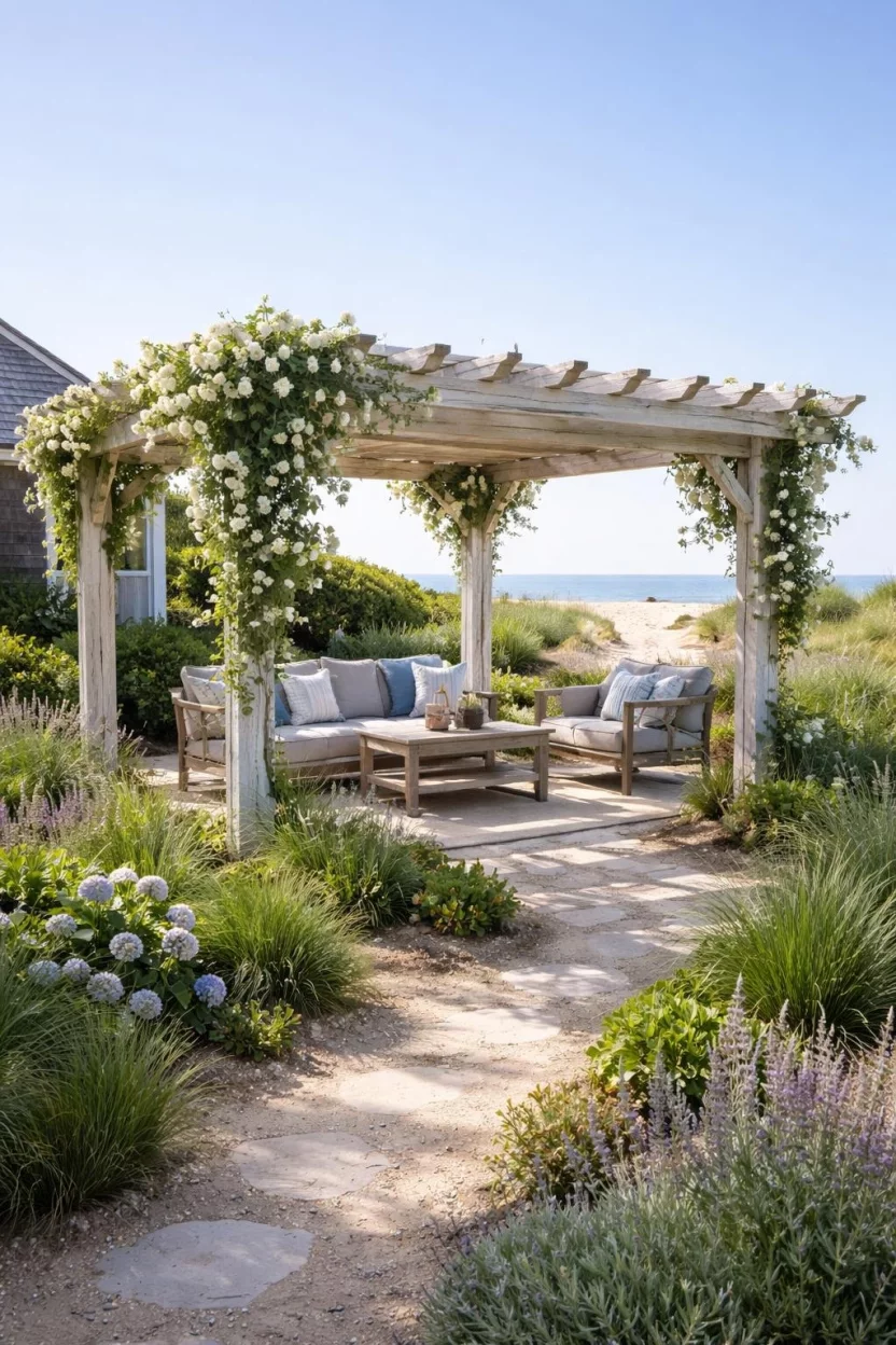 A realistic photo of a typical American home's backyard with a whitewashed cedar pergola that has a weathered beachy look, draped with white climbing flowers near a coastal garden with sandy soil.
