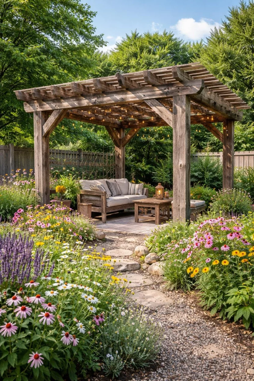A realistic photo of a typical American home's backyard featuring a pergola built from weathered gray barn wood and old pallets, showing natural cracks and bolts for a rustic recycled look in a wildflower garden.