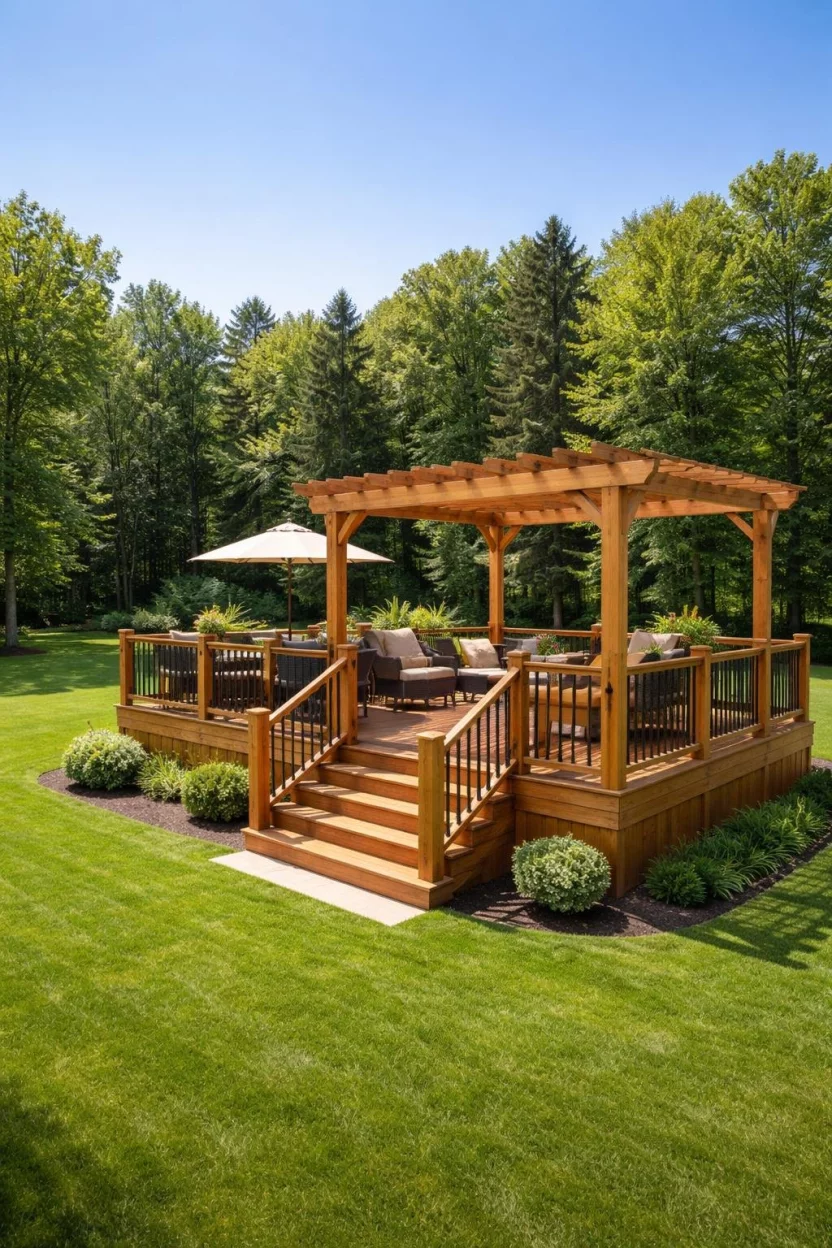 A realistic photo of a typical American home's backyard showing an elevated cedar wood deck with a matching pergola built into the railings, overlooking a green lawn with a forest in the background under a clear blue sky.