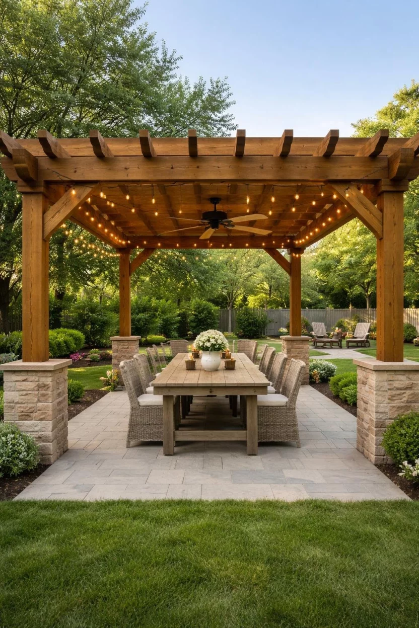 A realistic photo of a typical American home's backyard featuring a large stout wooden pergola over a long farmhouse table, with an outdoor ceiling fan hanging from the center and string lights draped along the sides.